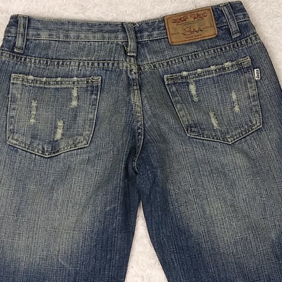 Sama Jean Blue Whiskering Medium Wash Mid Rise Distressed Wide Leg Denim Jean - Picture 13 of 16